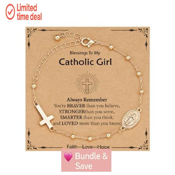 Virgin Mary Cross Charm Bracelet 14k Gold Plated 6 Inch - Picture 2 of 7